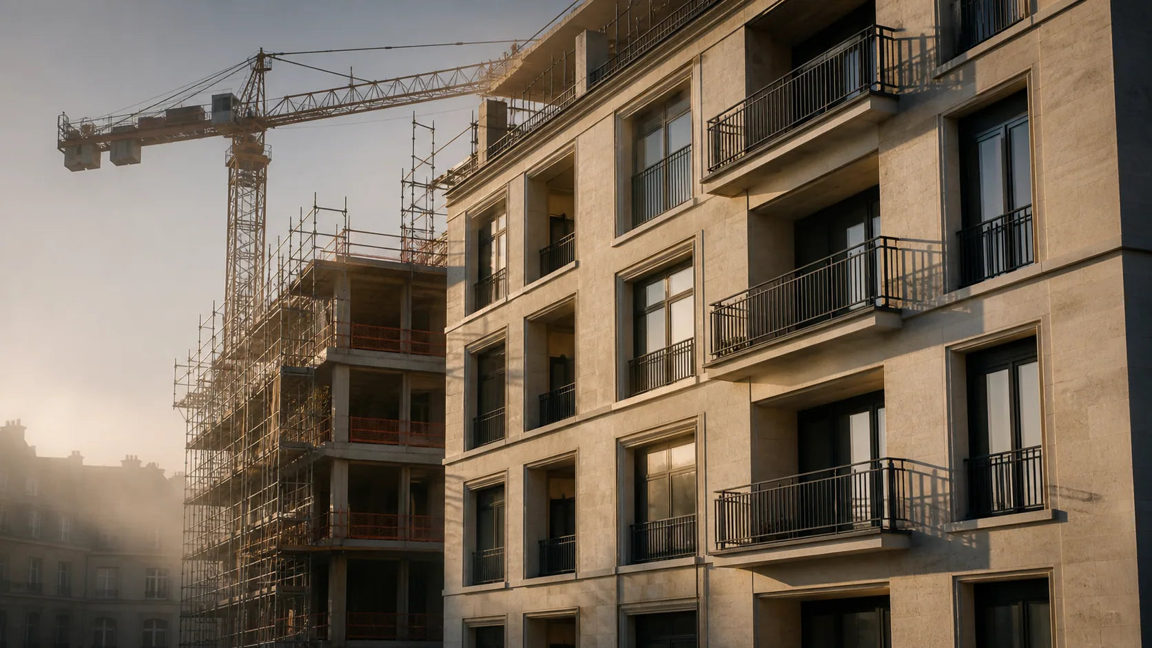 Immeuble résidentiel passant du chantier au patrimoine achevé